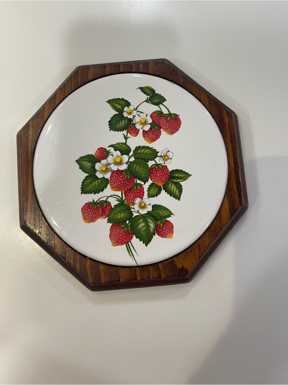 Strawberry Floral Ceramic Trivet or Wall Decor with Wood Frame